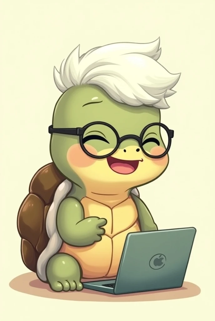 A turtle stands with a laptop in one hand, One hand points to the laptop,ふわふわのWell-organized白髪,Well-organized７３Short hair set in a part, wears black-rimmed glasses,Calm face,smile,The eyes are smiling and narrow,Cartoonization, まるでLike the logo,His eyes ar...