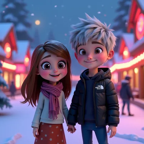 3d、Three-dimensional。Disney style 、「 illuminated Christmas with neon colors 、in the winter landscape、 are wearing gray sweatpants and a black down jacket {x} draw two cute little character style characters side by side smiling and holding hands。GIRL TEETH ...