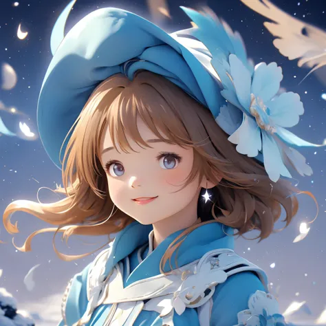 anegasaki nene、 shiny brown hair, short hair, (Beautiful brown eyes、  Sparkling Eye , fine grain)、smile、 very detailed eyes、 very detailed faces ,  highly detailed eyes, Night sky above the hills. winter, winter colors, winter landscape, Starry Sky, Sky co...