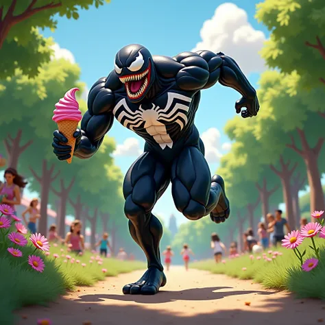 A dynamic scene of Big Venom, a tall and muscular figure with a glossy black texture and sharp white eyes, running energetically through a vibrant park. He is holding a large, colorful ice cream cone in one hand, and a playful smile stretches across his fa...