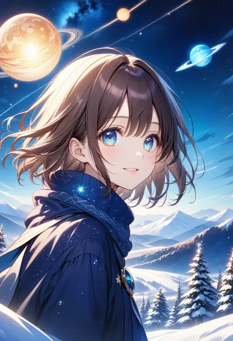 anegasaki nene、 shiny brown hair, short hair, (Beautiful brown eyes、  Sparkling Eye , fine grain)、smile、 very detailed eyes、 very detailed faces ,  highly detailed eyes, Night sky above the hills. winter, winter colors, winter landscape, Starry Sky, Sky co...