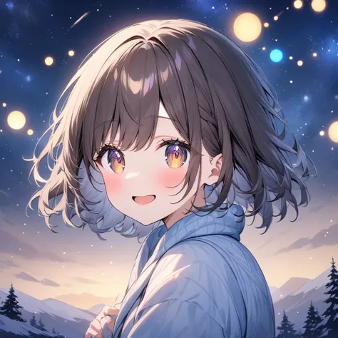 anegasaki nene、 shiny brown hair, short hair, (Beautiful brown eyes、  Sparkling Eye , fine grain)、smile、 very detailed eyes、 very detailed faces ,  highly detailed eyes, Night sky above the hills. winter, winter colors, winter landscape, Starry Sky, Sky co...