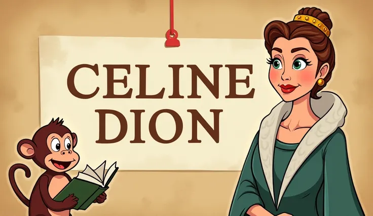 Create a YouTube thumbnail for an English learning channel with a vintage book page background, setting an educational tone. On the right side, include an image of Celine Dion, portrayed in a regal yet friendly manner to convey wisdom and strength. On the ...