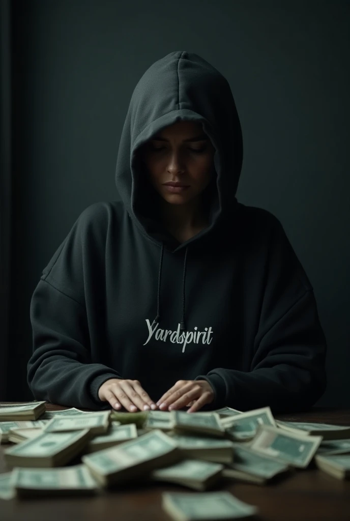 Woman with lots of money in front of her on the table , gloomy mood,( She is wearing a hoodie with the inscription yardspirit)