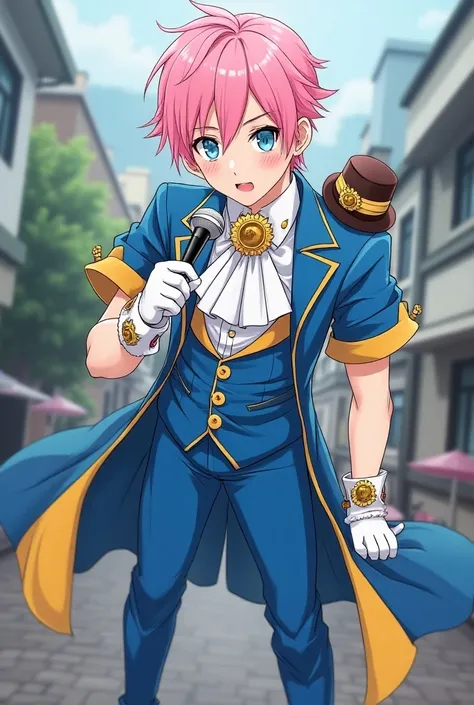 A funny anime guy in a funny high school with sharp blue eyes represents pink hair, Fair skin and wearing all the fancy blue, yellow and white clothes are the luxury of Idol, which consists of a long waist tuxedo jacket with short sleeves in the color of s...