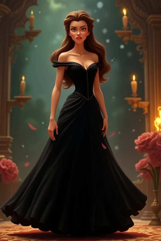 Générer une image de la princesse Belle dans une robe noire avec un style Disney Pixar. Son expression est furieuse.