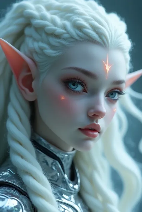 Solo, close up side photography of alien race,pleiadians, pure beauty female, white ice skin, intricate white thick hair, pale skin, pointy air,glowing v-shaped line in forehead, grey large glowing eyes, wear mechanical armor, cosmic background