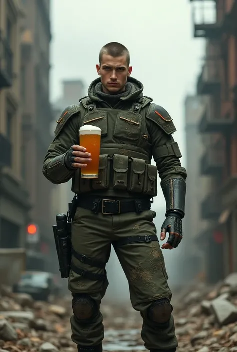 mad-cbrpnksplshrt full of details but with faded outlines, buzz cut hair cyborg boy soldier in combat armor with one robotic arm and one robotic leg holding a giant 10 liter glass of beer, and in the background new york city disintegrating into the matrix ...