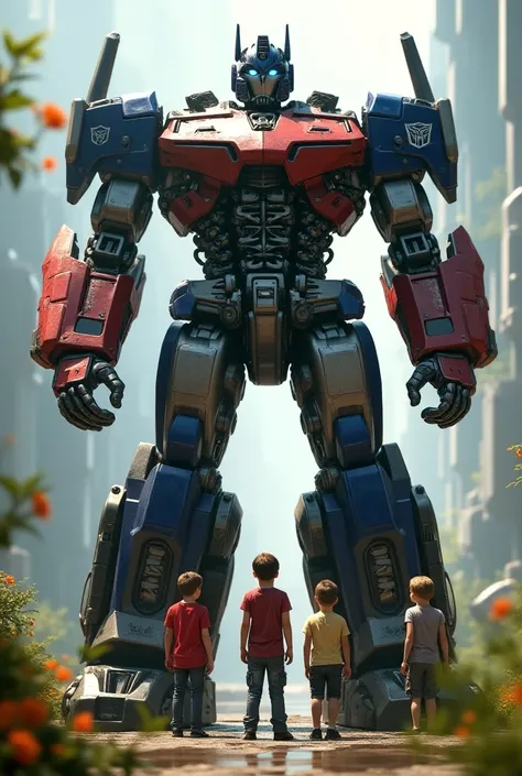 Optimus Prime, 3 boys and 2 girls, human style, highly detailed, 8k, masterpiece, hyper realistic, cinematic lighting, photorealistic, octane render, detailed mechanical textures, intricate gears and machinery, dynamic poses, emotional expressions, lush en...