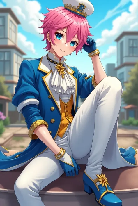 A funny anime guy in a funny high school with sharp blue eyes represents pink hair, Fair skin and wearing all the fancy blue, yellow and white clothes are the luxury of Idol, which consists of a long waist tuxedo jacket with short sleeves in the color of s...