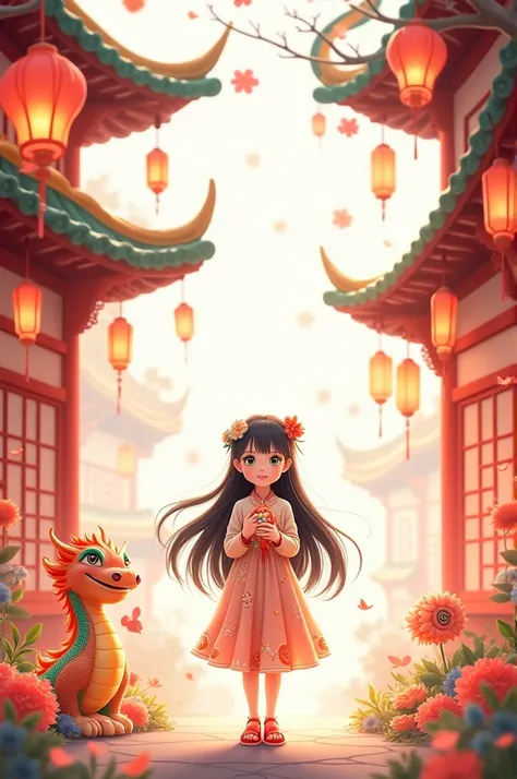 alone, 1 girl, Holding, Standing, Long hair, (China_set: 1.2), (green eyes: 1.1), Colored Candy , Black hair,   look at the audience ,  Upper Body, (lantern/lamp: 1.1), flower, เทศกาลตรุษChina, new year, (flowerไฟ: 1.1), Long sleeves,  Eastern Dragon , Whi...