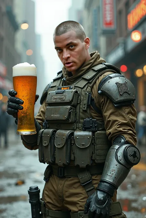 mad-cbrpnksplshrt full of details but with faded outlines, buzz cut hair cyborg boy soldier in combat armor with one robotic arm and one robotic leg holding a giant 10 liter glass of beer, and in the background new york city disintegrating into the matrix ...