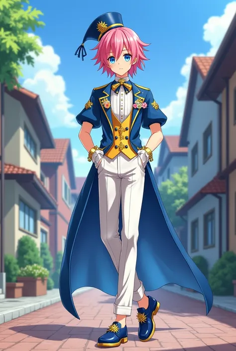 A funny anime guy in a funny high school with sharp blue eyes represents pink hair, Fair skin and wearing all the fancy blue, yellow and white clothes are the luxury of Idol, which consists of a long waist tuxedo jacket with short sleeves in the color of s...