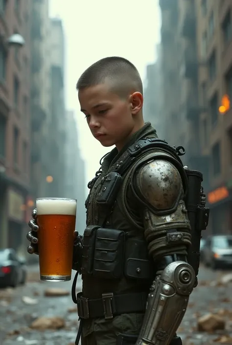 mad-cbrpnksplshrt full of details but with faded outlines, buzz cut hair cyborg boy soldier in combat armor with one robotic arm and one robotic leg holding a giant 10 liter glass of beer, and in the background new york city disintegrating into the matrix ...