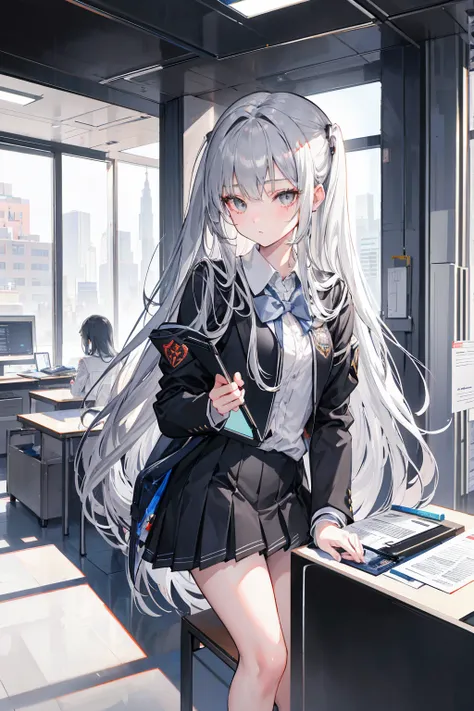 152cm,18 years old, silver medium long straight hair,Grey Eyes, beautiful girl,whole body,School uniform,Studying,Anatomically correct ,   ATTENTION TO DETAILS ,Super detailed,Ultra-high resolution,  textured skin