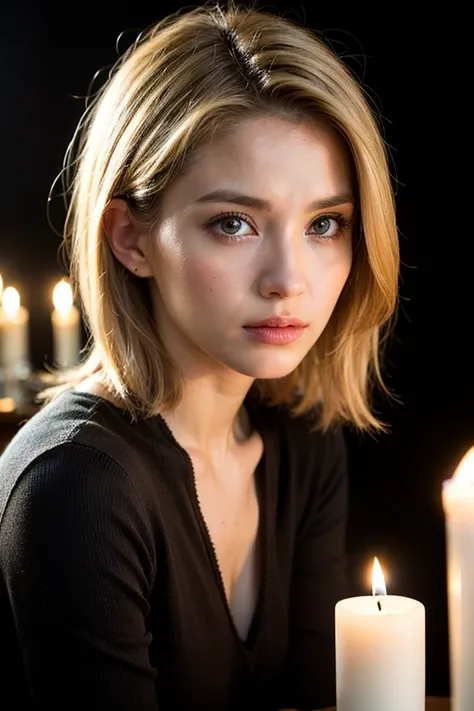 blond woman sitting in front of a table with candles and a black background, beautiful portrait lighting, short curly blonde haired girl, chiaroscuro portrait, dramatic candlelight, candle lights, candlelit, 50mm portrait, portrait soft low light, portrait...