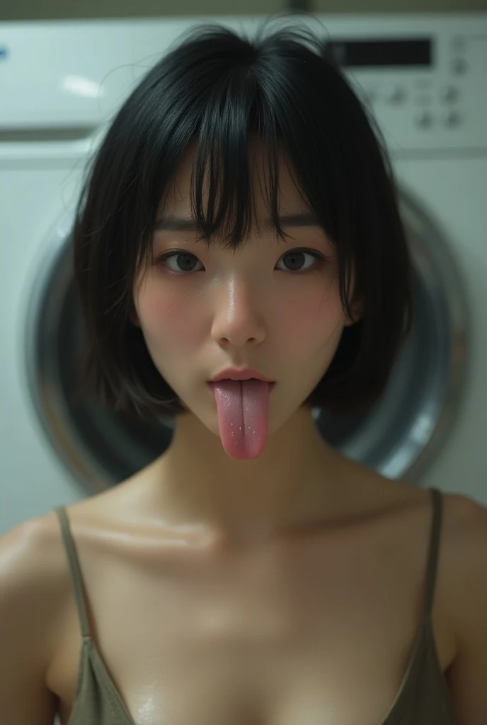  Japanese Women、 short bob hair、( face in front of washing machine)、Smooth Skin、masterpiece、Best Quality、8K Photo、((目を閉じて and open your mouth slightly))、Eyes Wide Open、Suffering expression、(Wrinkles around the eyes:1.2)、length, Pointy Nose,,,,,,,,,,,,,,,St...