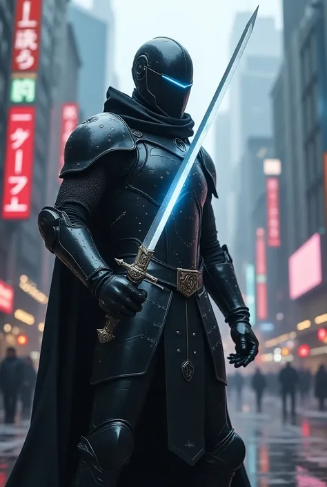 Cyberpunk themed medieval knight with a Lazer sword and hologram shield doing a defensive pose