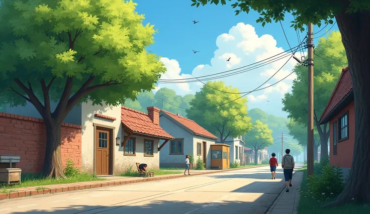  Small town scene in the early morning , sunny weather ,  birds chirping on branches .  Small houses and peaceful streets ,  with few people and animals walking.

Image:  A corner of town with a quiet view ,  there is an old brick wall ,  few green trees ,...