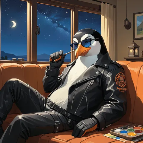 Closeup, cartoon style, An extremely badass penguin wearing an insanely cool black leather Harley Davidson biker jacket open, black leather biker gloves, black leather biker pants, black sunglasses, reclining at home on the couch looking out the window at ...