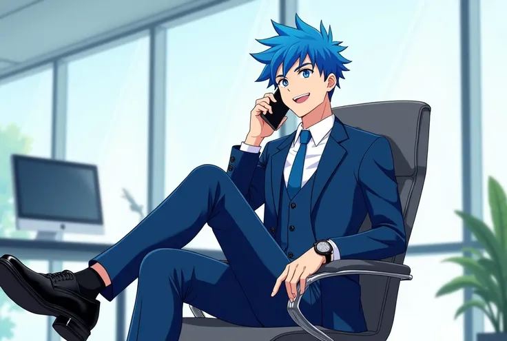 male、1 person、A cool college student who can afford to be an adult、A hero-like face、Smiling brightly and refreshingly、 Im wearing a slim silk three-piece suit with a dark ultramarine blue luster 、 they wear a blue tie and the suit is tight 、Blue Hair、My ba...