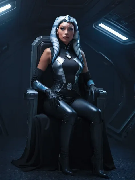 aahsoka and ((￼ silver eyes)) sits confidently on a modern-looking chair. she is dressed in a black (latex) military (latex unif...