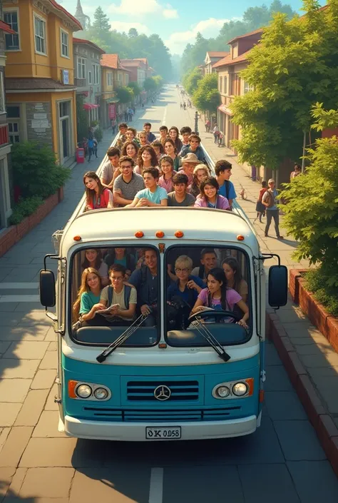 a college campus bus with  collegeans inside, driver driving through a beautiful village, all set against a sunny background, highly detailed, cinematic lighting, vibrant white and light blue colors bus, photorealistic, 8k, masterpiece