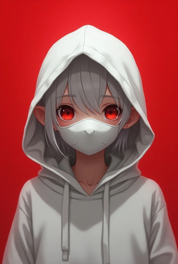 Anime, Female, Mouse girl, White hoodie, White mask, face covered, full face mask, mysterious, cultist, red background, creepy