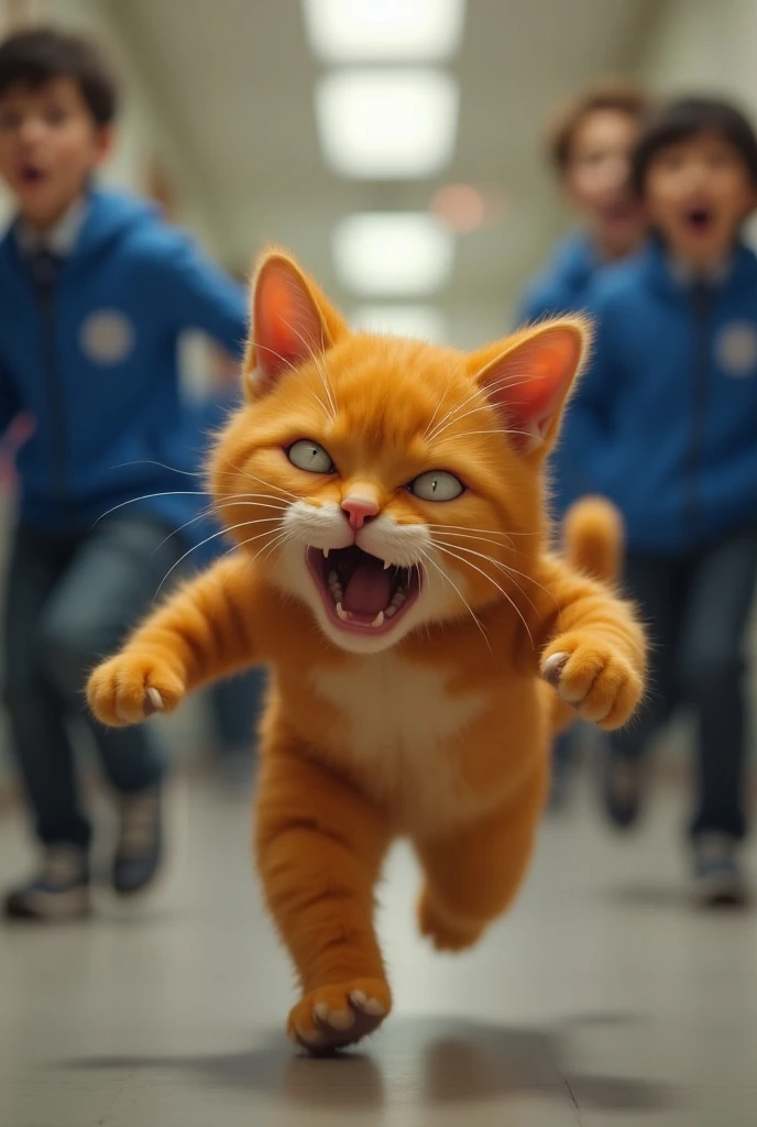 A cute Orange cat look so sad and tears for coming out from her eyes and he run away from the class and other students following him and laughing at him so badly so he got a shamed and crying so badly in the background there was a corridor in the school an...