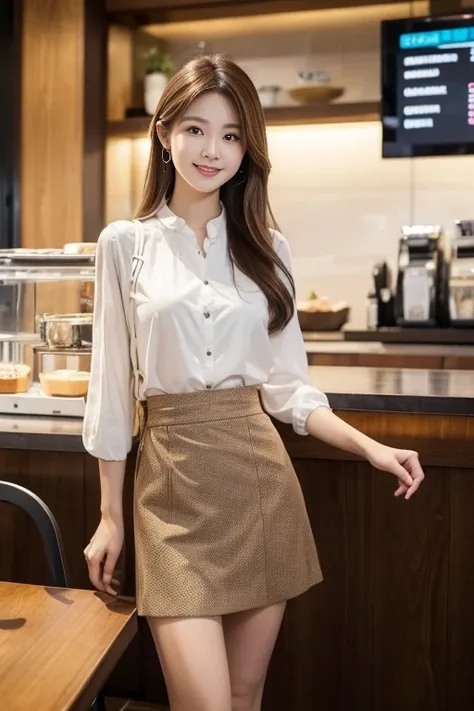 Full body photo,thai woman with long reddish-brown hair smiles warmly while standing in a cozy, modern café. She is dressed in a delicate short skirt, exuding a relaxed yet stylish vibe. The café background features soft lighting, a coffee machine, and cup...