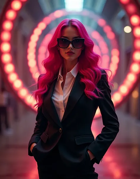 Professional Photography, Picture of a woman with long pink hair The waves sing great waves,  She is wearing a tuxedo ,  She is a fashionista ,  posing as a professional model ,  She is wearing colored sunglasses , Movie Lighting, Light and flame , Hands i...