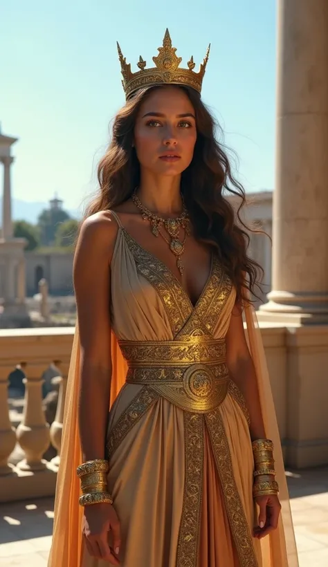 Boy, Roman empress with long wavy hair in a long dress stands on the terrace of her palace. She wears elaborate gold jewelry, a valuable bracelet and a magnificent crown. Her hair blows gently in the wind.  In the background you can see the Roman Forum at ...