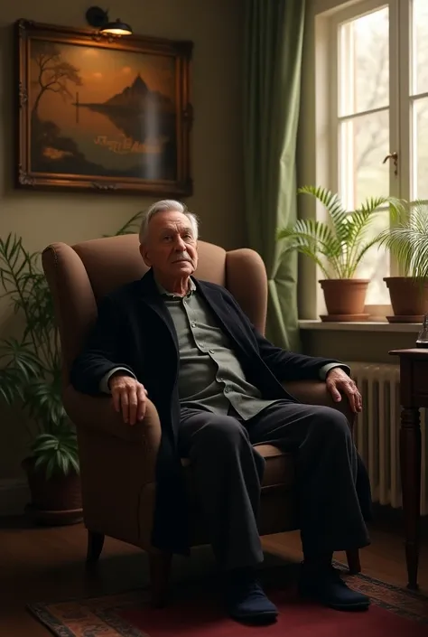 (photorealism:1.2), old man, sitting on chair, wearing black cote And pants pajama pants,  short simple hair, indoors, soft lighting, Taj hotel airlines panting in wall plants in background, window with sunlight, cozy room, relaxed pose, realistic, intrica...