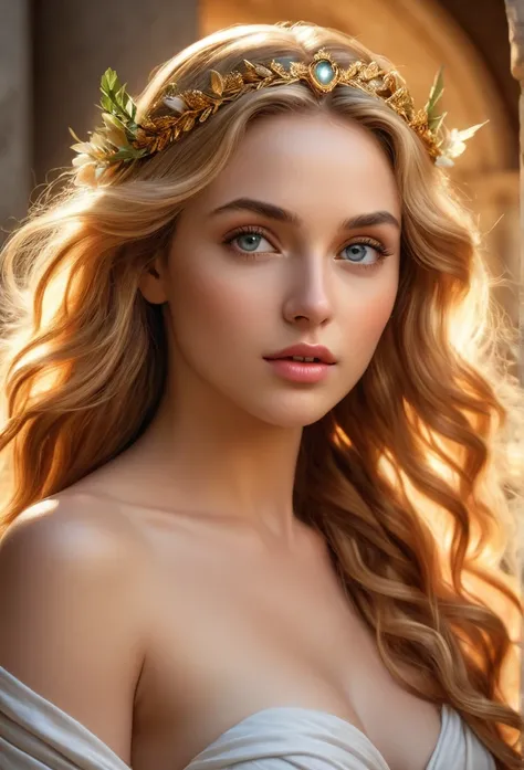 (best quality,4k,8k,highres,masterpiece:1.2), ultra-detailed, (realistic,photorealistic,photo-realistic:1.37), portraits, HDR, Greek mythology, beautiful goddess Venus portrait, perfect DNA, detailed eyes, detailed lips, stunning beauty, flowing golden hai...