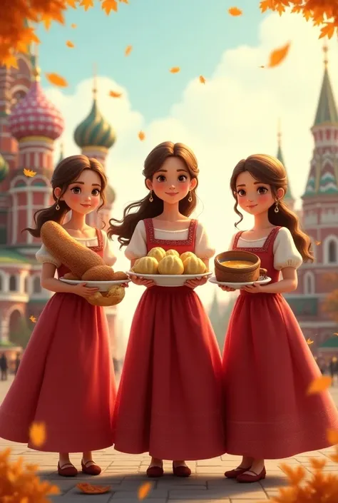  Create a picture three Russian girls in a Russian sundress stand in the background Kremlin Red Square,  one holds a loaf in her hands ,  the second is holding a dish of dumplings ,  and the third holds a pot of Russian cabbage soup , in autumn, leaves fal...