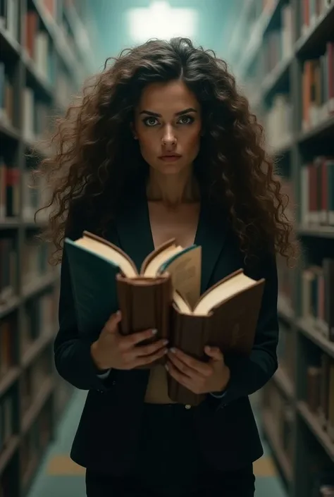 Curly haired woman, dark brown and long, grey eyes, Three books in my hands coming out of an angry library 