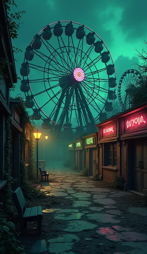 3D disney pixar animated  image of a haunted, deserted amusement park at night. Dominant structures include a large Ferris wheel and a roller coaster, both rusted and abandoned, looming against a dark, cloudy sky. Broken lights on the rides are flickering ...