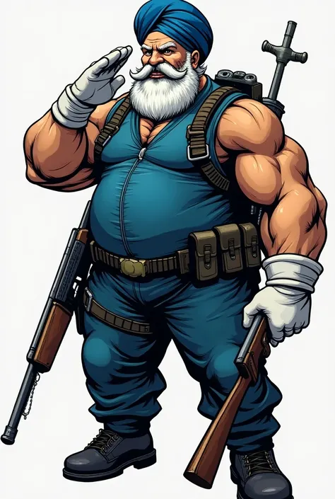 (A rugged beefy very muscular bulky chubby sikh old man), (wearing blue wetsuit), saluting, carrying a rifle (wearing white rubber gloves). He has bulky scuba gear, muscular physique, toned muscles, fierce, heroic, action, comic artstyle, bulky best qualit...