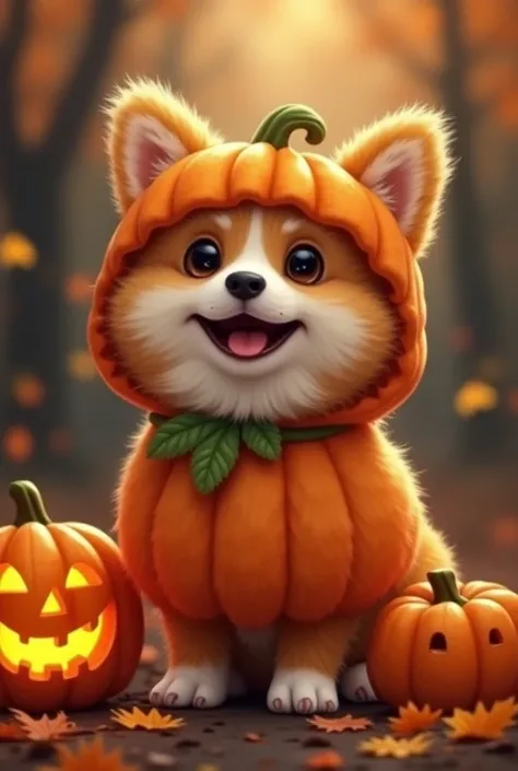 corgi wearing pumpkin in halloween