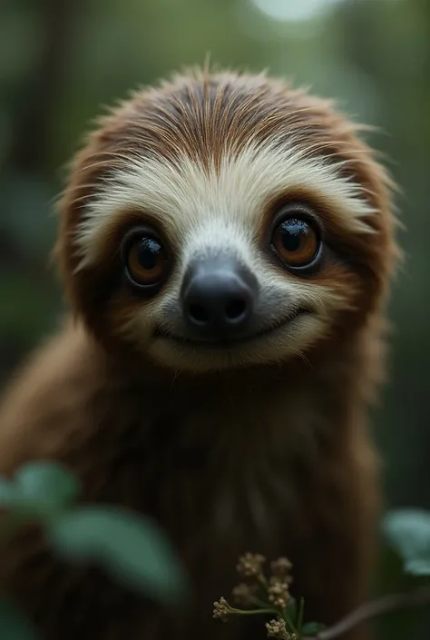 a sloth, half face visible, big eyes, looking at camera, cinematic, highly detailed 