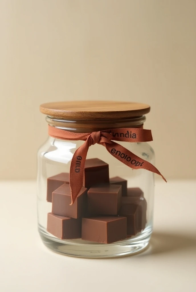  Glass container with wooden lid plus leather ribbon with stevia-based fudge , with the name Enjoy-life y  