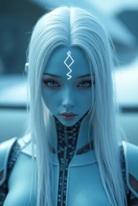 Solo, close up photography of alien race,pleiadians, pure light creature, pure handsome male, blue ice skin, intricate white thick straight hair, pale skin, pointy air,glowing v-shaped line in forehead, grey large glowing eyes, wear mechanical armor, in a ...