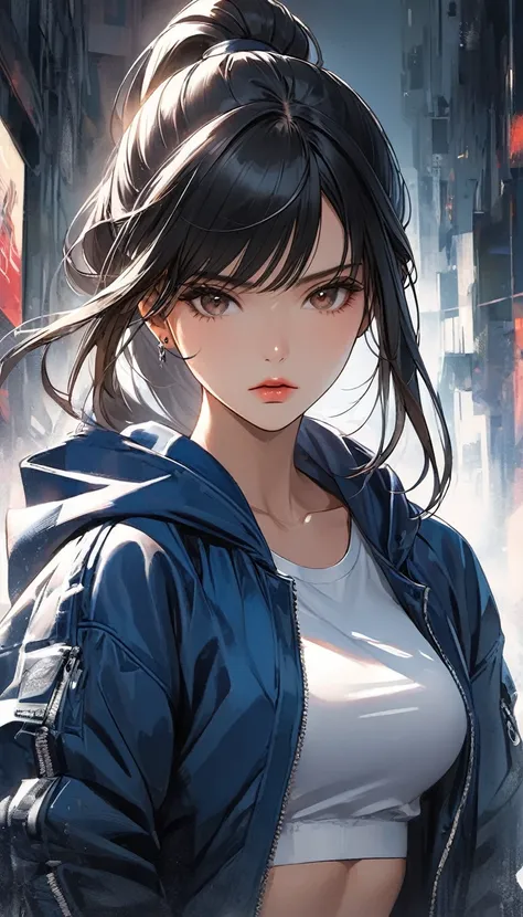 A close-up view of a semi-realistic anime-style woman with long, sleek black hair styled in a high ponytail. Aged 21. She has a sharp, warm tan, symmetrical face with a defined jawline that highlights her serious and determined expression. Her large, almon...