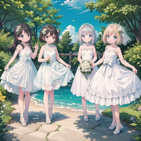 、Pretty girl、wedding dresses、A happy smile、 beautiful background, Four girls