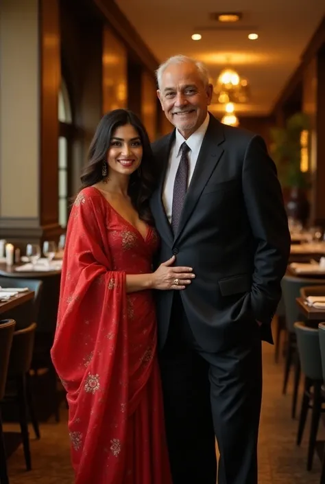 young actress Kriti Sanon in satin sari with a old man having dinner at a restaurant posing for a pic facing in front