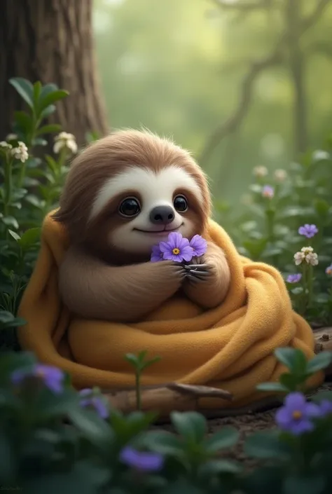 Sloth wrapped in a blanket holding a violet in his hands