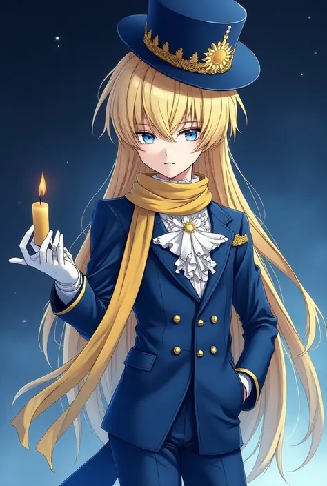 A quiet anime guy with sharp blue eyes represents long yellow hair ,With light skin and wearing all the luxurious blue and yellow fantasy clothes, Idole consists of a closed jacket without sleeves. Gilya looks like a space-colored indigo tuxedo with a long...