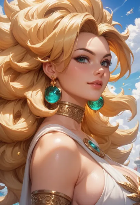 1girl, a merger between Goku and Vegeta, golden hair color, Potara earrings , her skin is smooth and Soft. huge breasts,  Wide Hips ,  big butt ,  detailed eyes , beautiful eyes, ( masterpiece), ( The best quality ), (Epic fantasy) 