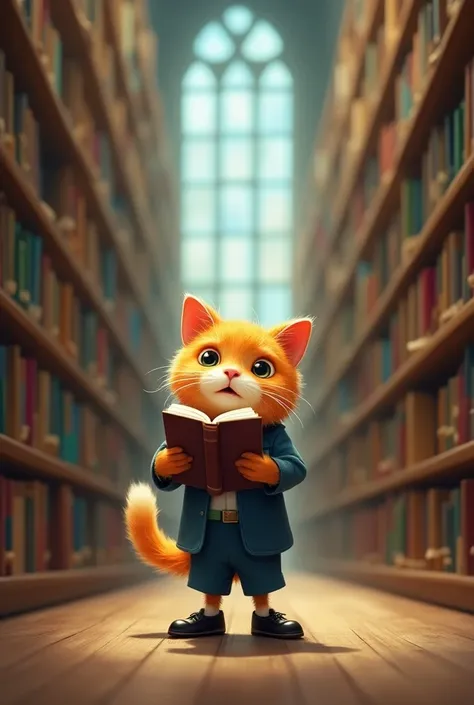 AI cute Orange cat gone to direct to the library of his house and the library was so big where the all the books were shown in the shelves and he took one book on to which return how to become tall and the cat wearing blue coloured uniform and the black sh...