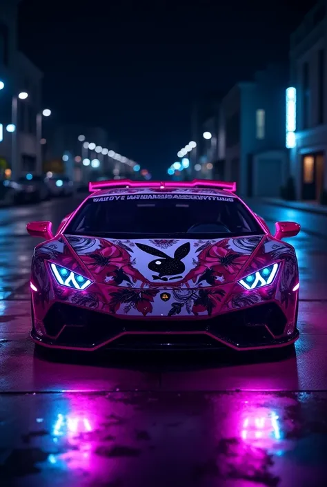 a lamborgini car tuned with Playboy themed LED lights
